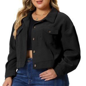 Plus Size Lightweight Cropped Shacket Button Down Corduroy Shacket Jackets Black